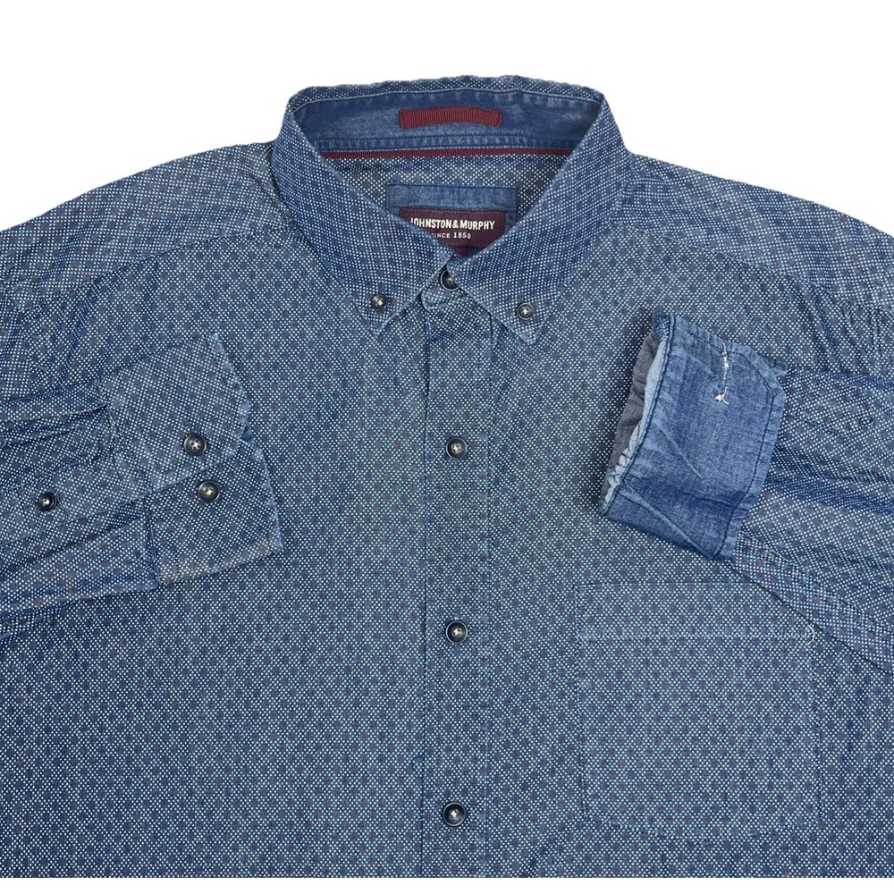 Johnston &‎ Murphy Shirt Mens Large Blue Geometric Polka Dot Button Down